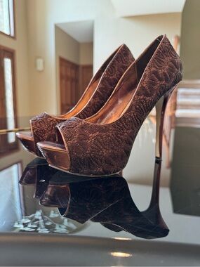 Bakers Brown Lace Peep-Toe Platform Stilettos